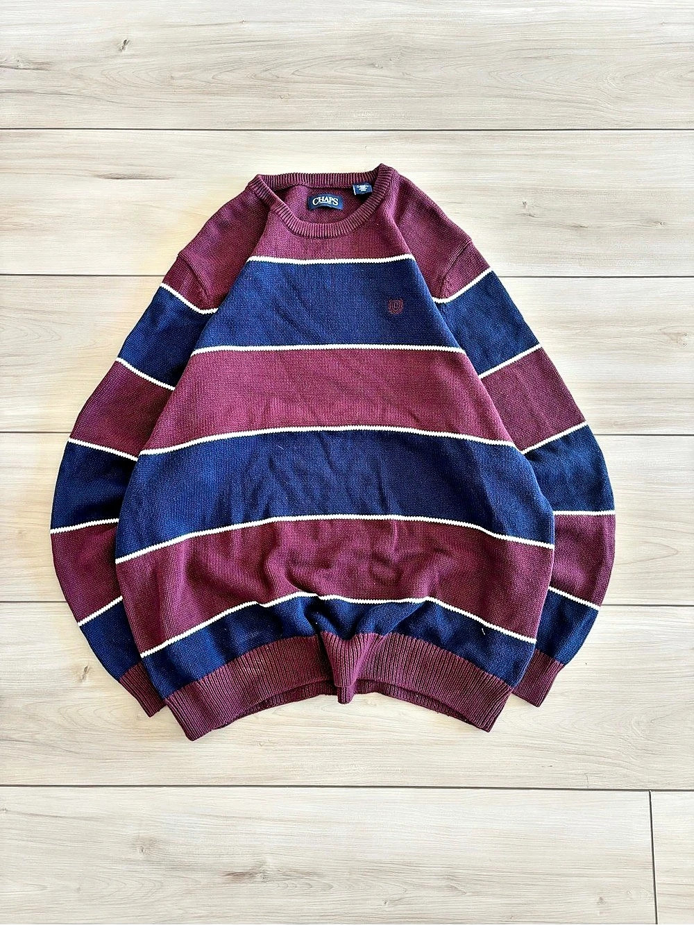Vintage Knit Chaps Striped Crewneck Sweater in Burgundy & Blue Size Mens XL